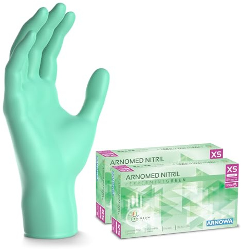 ARNOMED Guantes nitrilo talla XS, verde, guantes de nitrilo, 200 unidades (2 cajas), guantes nitrilo desechables sin polvo, guantes de goma sin látex, guantes nitrilo en tallas XS, S, M, L y XL