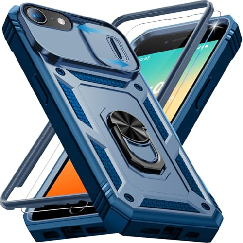 Giyer für iPhone SE 2022/2020 8 7 Hülle mit Schutzfolie, Handyhülle für iPhone 8 mit Kameraschutz 360° Metall Ring Ständer Stoßfest Bumper Schutzhülle für iPhone SE Case Cover Tache (Blau)