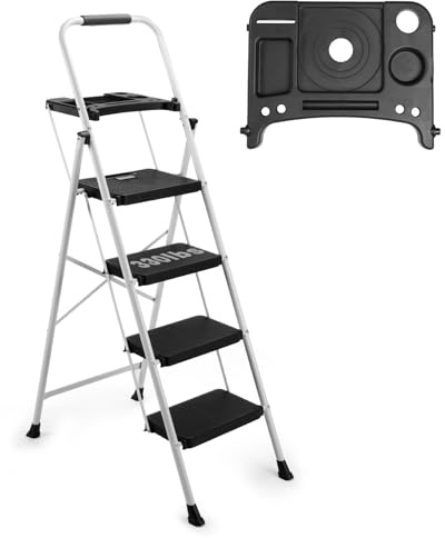 Lifetime Home Step Ladder with Wide Anti-Slip Platform & Thick Rubber Feet - Heavy Duty Foldable & Portable - 330 lbs Capacity, Steel Frame, Rubber Handgrip, Folding Step Stool - 4-Step Platform White