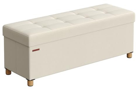 SONGMICS Puff Almacenaje, Baúl Plegable con Patas, 38 x 110 x 40 cm, Banco de Pie de Cama, Banco Almacenaje, Soporta hasta 300 kg, para Sala de Estar, Dormitorio, Entrada, Blanco Crema LSF018W11
