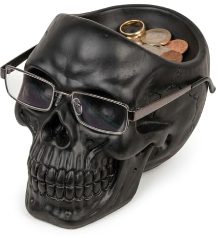 MIJOMA Totenkopf-Organizer | Organizer in Skull-Form für Brillen, Schmuck & Kleingeld | Polyresin | 16x20x17cm | Brillenhalter und Ablageschale (Schwarz)