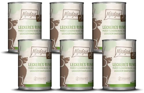 MjAMjAM - Premium Nassfutter für Hunde - Purer Fleischgenuss - leckeres Rind pur, 6er Pack (6 x 400g), getreidefrei mit extra viel Fleisch