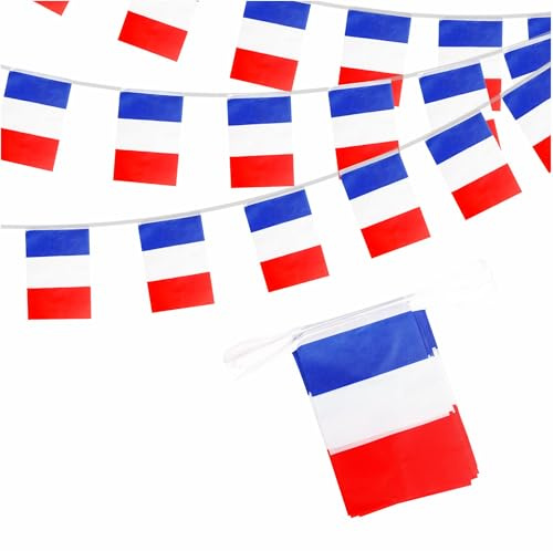 Frankreich Wimpelkette 10m 30 Flaggen, Französische Fahnenkette Deko für Fußball WM 2026 Nationalfeiertag Olympia Bar Garten Straße Umzug Party Dekoration Girlande Banner Fanartikel Public