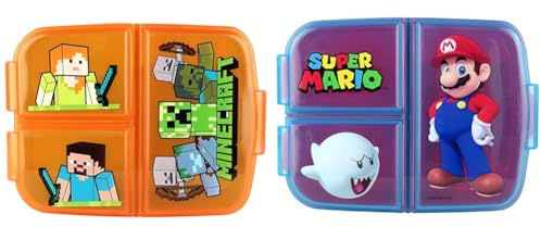p:os Minecraft Brotdose für Kinder mit 3 Fächern & Super Mario Brotdose für Kinder mit 3 Fächern, Lunchbox aus Kunststoff mit Clip-Verschlüssen