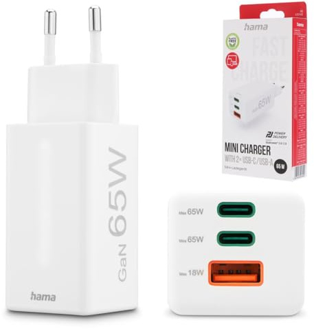 Hama Schnellladegerät USB, Ladegerät mehrfach, USB C/USB A, GaN Charger 65W | Handy Tablet Laptop Universal Ladegerät, Netzstecker USB Schnellladen, USB C Netzteil, Power Delivery/Quick Charge 3.0