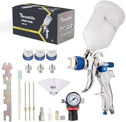 Throohills Professional HVLP Spray Gun, 1.3/1.5/1.8mm Nozzle HVLP High Atomization Flow Adjustable Pneumatic Gravity Spray Gun with 600cc Cup & Gauge for Paint Touch-Up(Blue)