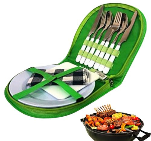 Essbesteck-Sets, Campingbesteck-Set,Wiederverwendbares Utensilienset aus Edelstahl | Camping-Besteck mit Tischdecken, Tellern und mehr, Geschirr-Set mit Etui für Camping, Wandern, Grillen