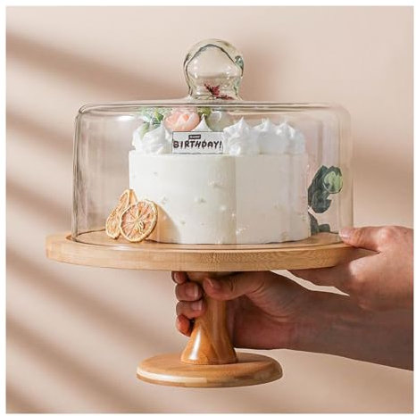 Dxcaicc Cake Plate with Dome, Wooden Cake Stand for Weddings Birthday Parties, Pedestal Cake Platter, Cupcake And Dessert Stands for Table,12Inch with Lid