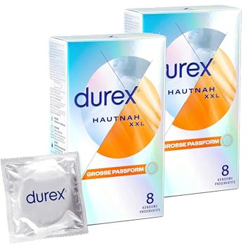 Durex Hautnah XXL Kondome – Ultra dünn, mit großer anatomischer Easy-On-Form & mit Silikongleitgel befeuchtet – 16er Pack (2 x 8 Stück)