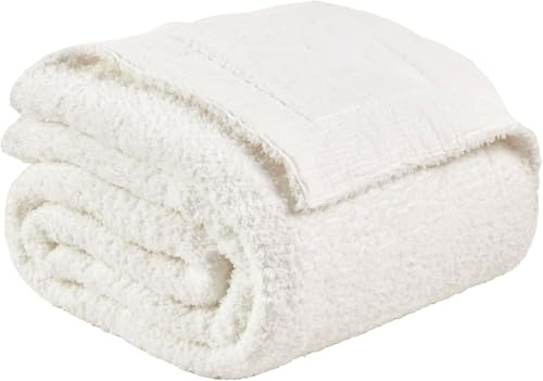 EMME Gewebte Musselin Decke Baumwolle & Fleece Sofadecke Tagesdecke, 150x200, Flauschig Kuscheldecke für Couch Weich Leichte Atmungsaktive Überwurfdecke,Creme