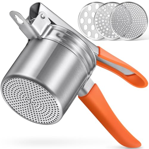 Sopito Potato Ricer with 3 Interchangeable Discs for Potato Press, Orange | Stainless Steel, 15oz Large Capacity, Lump-free, Silicone Handle, Dishwasher Safe, Ideal for Family Meals, Parties Food Prep