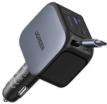 UGREEN 145W Retractable Car Charger Fast Charge, Cigarette Lighter USB Charger with 60W Retractable Cable, 4-Port Car Accessories Compatible with iPhone 17/16, Galaxy S25/24, iPad, Laptops