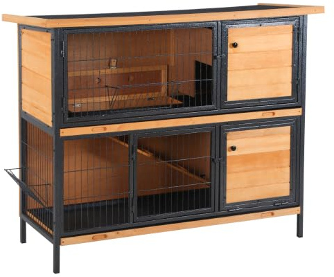 PawHut Clapier Lapin extérieur 2 étages, Toit bitumé, Bois Naturel et Noir | Cage lapin extérieur, 4 portes verrouillables, petit enclos animaux, 1 tiroir à déjection et 1 rampe, 122 x 50 x 101 cm