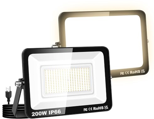 Willpower Proyector LED Focos LED Exterior 200W Luz 3,000K Blanco Cálido | 2PCS 20,000LM, con Enchufe, IP66 Impermeable, Iluminación para Garaje Patio Jardín Terraza Parque Trabajo