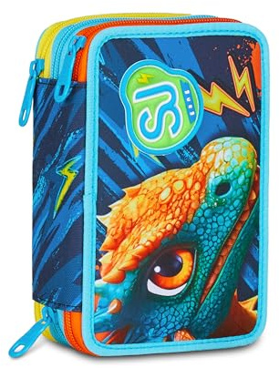 SJ GANG STYLE JAM GANG Astuccio Scuola 3 Zip Dragon Glide, Blu, Portapenne Triplo Scomparto Completo Di Penne, Matite, Colori, Accessori Zaino, Scuola Elementare, Bambino