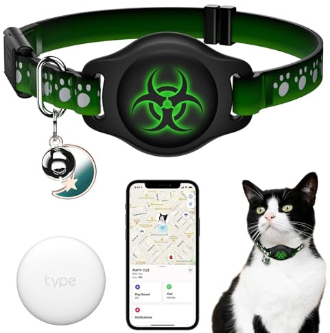 Cat Tracker Collar 8-12 Waterproof Airtag Cat Collar with Finder Tag, Compatible with Apple Find My, Breakaway Tractive with Reflective Pattern & Bell (BioClaw)