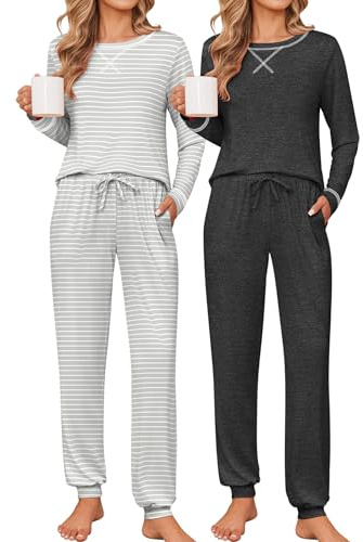 Ekouaer 2 Pack Pajama Sets for Womens Jogger Pants Pjs Long Sleeves Lounge Set Soft Sleepwear with Pockets Light Grey Stripes/Deep Grey X-Large