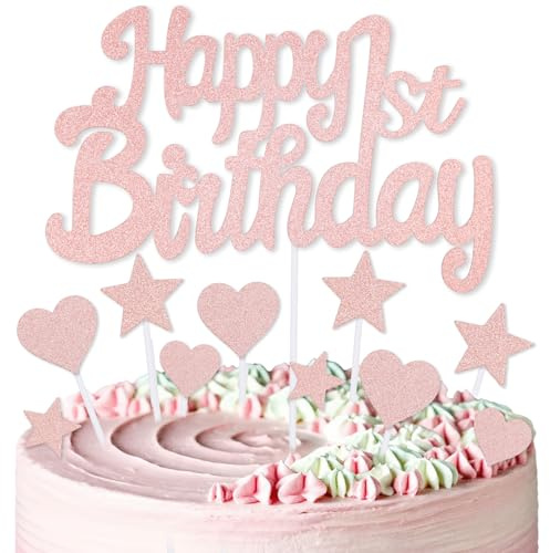 mciskin Rose Gold 1st Birthday Cake Toppers,1st Birthday Decorations for Girls,Rose Gold Cake Decorations,Personalised Cupcake Toppers with Heart Star for Girl Women Party Supplies