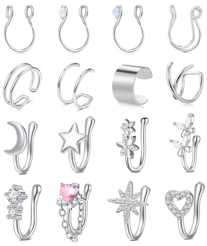 FECTAS Fake Nasenpiercing Nasenring Edelstahl Fake Septum Silber Fake Ohrringe Helix Nose Ring Schmuck Herz Diamant Schmetterling