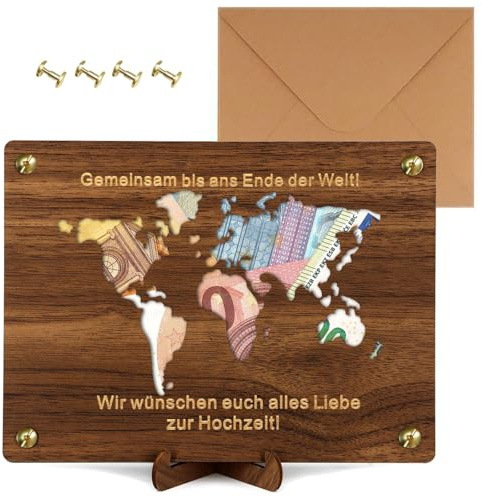 Jukibole Hochzeitsgeschenk Geld 20×15 cm, Hochzeitsgeschenke für Brautpaar, Geldgeschenk Weltkarte zum Verpacken von Geldscheinen, Kreative Hochzeitskarte Holz für Hochzeiten, Reisen & Jubiläen