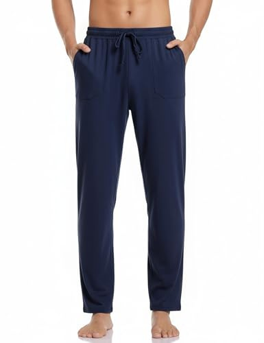 Aseniza Pantaloni Pigiama Uomo Invernale Cotone Pantalone Pigiama Lungo Pants Tinta Unita con Tasche Casual Blu M