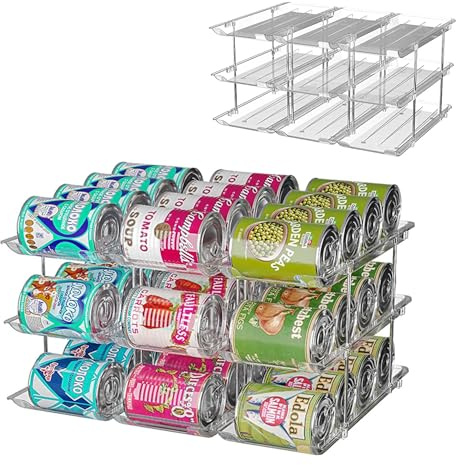 Can Storage Organiser, 3-Tier Automatic Rolling Canned Goods Organiser | Adjustable Height and Width Canned Food Storage Rack, Stackable Beverage Organiser for Fridge, Kitchen Cabinet, Holds 36 Cans