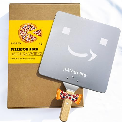 J-With fire Pizzaschieber 30x30 cm | Hochwertige Pizzaschaufel aus Aluminium | Holzgriff | Funny Pizza zubehör | Pizza Geschenke für Männer