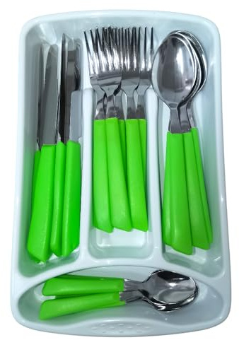 Servizio di Posate completo 24 Pezzi per tavola di 6 persone manico verde in Acciaio Inossidabile Lavabili in Lavastoviglie Made in Italy in omaggio il Porta Posate da Cassetto