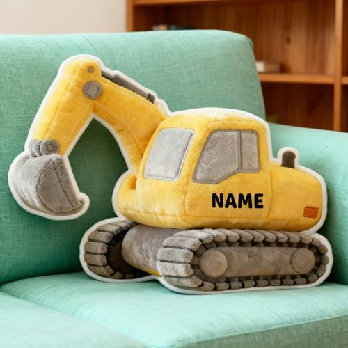 JLSKCN Bagger Personalisiert mit Namen, Kuschelkissen Kinder Kuschelkissen Kinder Geschenk Kinderzimmer Deko Junge Mädchen Zierkissen Dekokissen, Geschenk für Junge 3-12