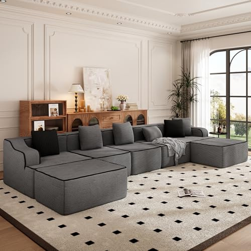 PHI VILLA Ecksofa mit Schlaffunktion Cloud Boneless Couch, Wohnlandschaft U Form Modulares Sofa Wohnzimmer Cord Keine Montage Grau