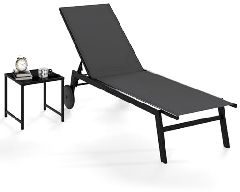 COSTWAY Sonnenliege mit Rollen und Tisch, Gartenliege bis 150 kg belastbar | Verstellbare Rückenlehne, schnelltrocknendes Gewebe, Rollliege, Liegestuhl für Garten, Terrasse, Grau