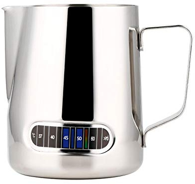 Riuulity Jarra para Espumar Leche Expreso de Diseño Curvilíneo Jarra Barista de 600 Ml con Termómetro Taza para Espumar Leche y café Anticorrosión para Hacer Patrones Complejos Arte del café