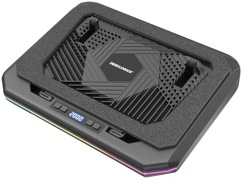 DESKLOGICS Laptop kylplatta med 6 RGB-lägen, tyst 800-2 600 varv/min justerbar turbo-fläkt, USB-C-driven laptop-kylare för 12-19 tums bärbar dator och MacBook, knappkontroll, 7-nivåstativ, svart