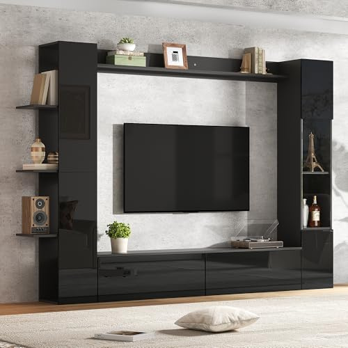 Httcg TV Wohnwand Wohnzimmer Set für Fernseher bis zu 70 Zoll, Wohnwand Schwarz Wohnzimmermöbel Set mit TV Schrank und Vitrine, Schrankwand Wohnzimmer Wohnzimmerschrank mit Stauraum, 228x30x170 cm