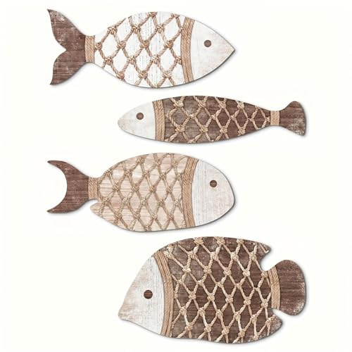 Valicaer Maritime Deko 4 Stück Holz Fisch Wanddeko Set, Maritime Deko Outdoor & Indoor, Verschiedene Größen Wandornamente Aus Holz Für Küstenstil Bad, Wohnzimmer Und Flur