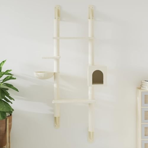 QUAHEAS Rascador para gatos, montaje en pared, 180 cm, crema con columna rascadora de sisal, superficie de descanso de felpa, muebles de madera para escalada, juegos, relajarse en casa, salón, balcón