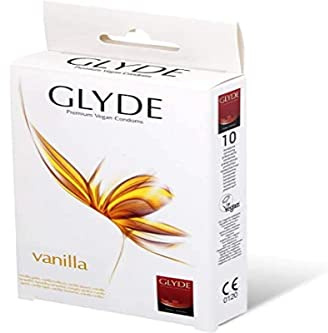 Glyde Ultra Vanilla 10 gelbe Kondome mit sinnlichem Vanille-Duft, vegane Kondome ohne Casein, zertifiziert mit der Vegan-Blume