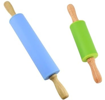 MEESOGA Small Silicone Rolling Pin for Small Hands - 2Pack Non-Stick Children's Rolling Pin Mini Pastry Dough Roller with Wooden Handle for Baking Pizza Pie Cookies Fondant
