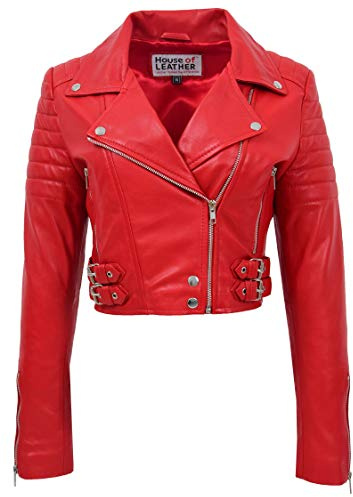 Veste courte en cuir véritable style motard pour femme - Rouge - 36