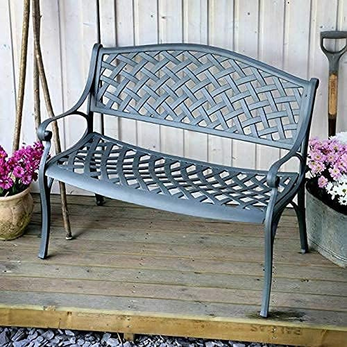 Lazy Susan Jasmine Metall Gartenbank 2-Sitzer | Wetterfeste Gartenbank | Gusseisen-Aluminium | Rostfrei | 3 Jahre Garantie (Schiefergrau, Blau Kissen)