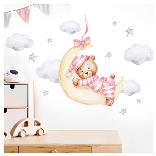 Little Deco Wandtattoo rosa Bär mit Mond Wandsticker Teddybär Babyzimmer Wandaufkleber Tiere Schlafzimmer Kinderzimmer Deko DL871-2
