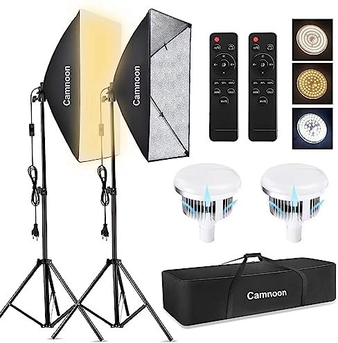 Camnoon Softbox Set avec 2x85W 2800K-5700K Bi-Color Temperature Light LED, 2x50x70cm Softbox, 2x2M Light Stand, 2 Télécommandes, Sac de Transport, pour Studio Portrait Produit Photo Vidé