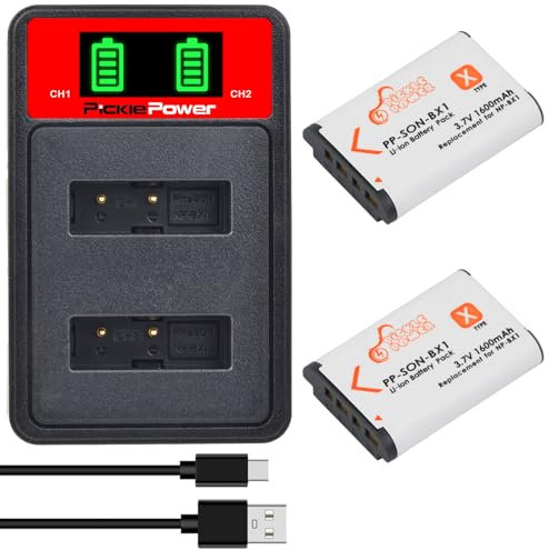 Pickle Power NP-BX1 Akku (1600mAh 2-Pack) und LCD Dual Slot Ladegerät für Sony ZV-1, Cyber-Shot DSC-RX100, DSC-RX100 II/III/M4/M5/M6/M7/Ⅳ/Ⅴ/Ⅵ/Ⅵ/Ⅶ/VA, WX500, WX350, HX99, HDR-AS300/AS50, MDR-MV1