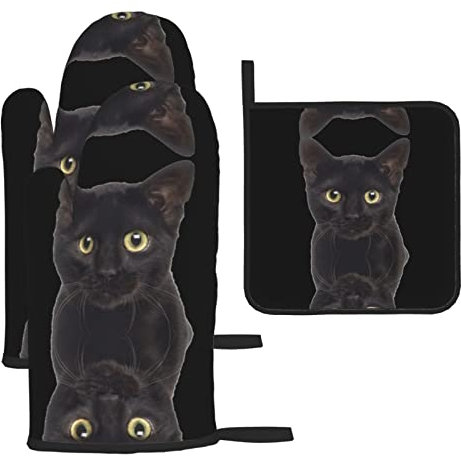 Ofenhandschuhe und Topflappen, schwarze Katze, 3 Stück, Küchenhandschuhe, Paar hitzebeständig und langlebig zum Backen