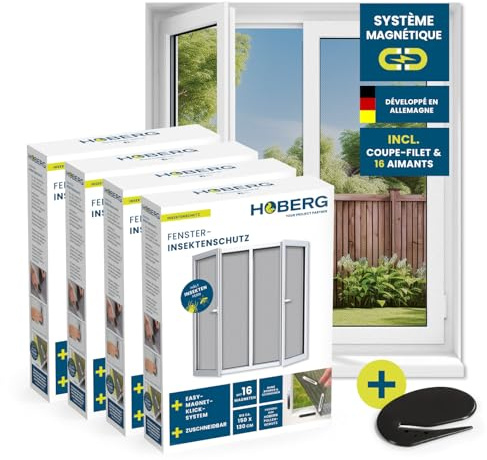 Hoberg Fliegengitter für Fenster mit Magnetbefestigung | Moskitonetz zuschneidbar bis 150x130 cm | Einfache Montage mit 16 Magneten - Insektenschutz ohne Bohren, Schrauben & Klebereste [4 Stück]