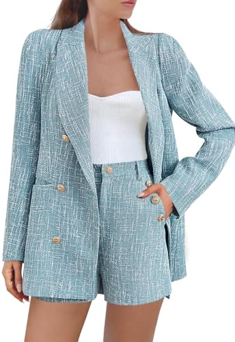 Cicy Bell Womens 2 Piece Tweed Blazer Shorts Sets Long Sleeve Double Breasted Suit Jackets Business Outfit Blue
