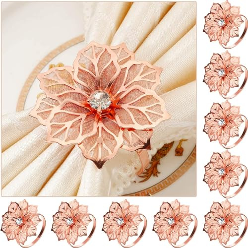 12PC Serviettenringe, Serviettenringe aus Legierung mit ausgehöhltem Blumenring, Vintage AushöHlen Serviettenring Metall für Hochzeit, Weihnachten, Familie Sammeln, Esstischdekoration (Roségold,24PC)