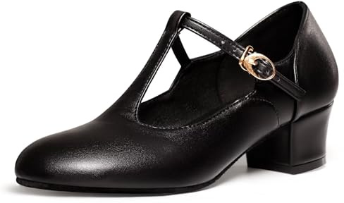 Asyusyu Zapatos de baile estándar para mujer, planos, 3 cm, correa en T, color negro, Negro , 40 EU