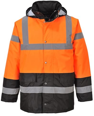 Portwest S467 Men's Hi Vis Contrast Winter Traffic Jacket EN342 CE Certified Waterproof Quilt Lined Storm Flap Reflective Tape Hood Safety Coat, Orange/Black, Large