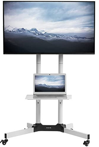 VIVO Mobiler TV-Wagen für 32 bis 83 Zoll Bildschirme bis 50 kg, LCD LED OLED 4K Smart Flach- und Curved Panels, Rollständer mit Laptop-DVD-Ablage, Feststellräder, Max VESA 600x400, Weiß, STAND-TV03W